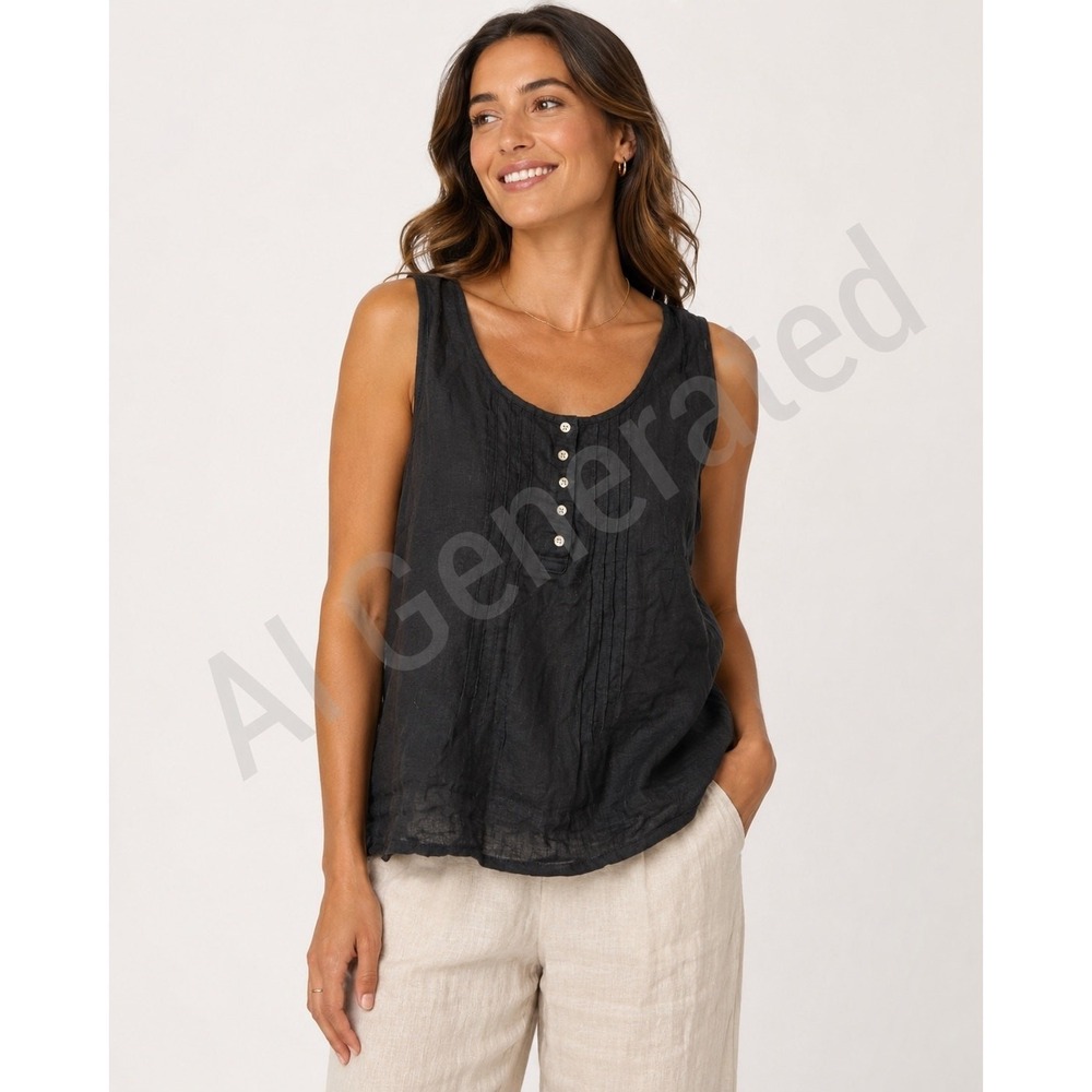 Telluride Clothing Co Women L Black 100% Linen Pintuck Henley Tank Coastal Boho